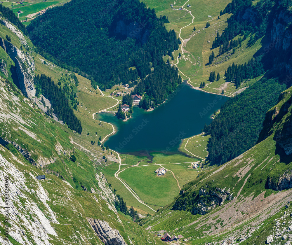 Switzerland 2022, Beautiful view of the Alps from Santis mountain. Seealpsee region.