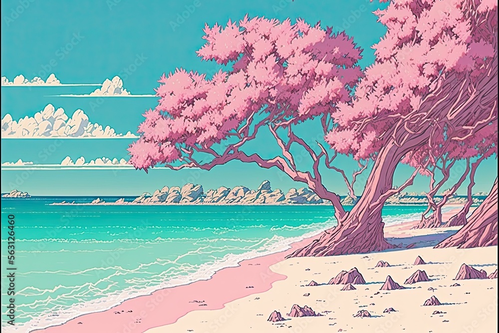 emerald Beach and sakura tree , anime style , ai generated Stock