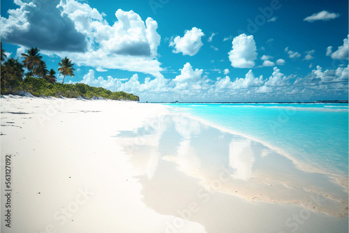 beach by the sea, paradisiacal beach, sand, sun, paradise, holiday, sunny, landscape, generative ai