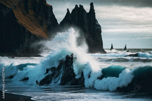 waves crashing against protruding rocks and coast of iceland beach фототапет