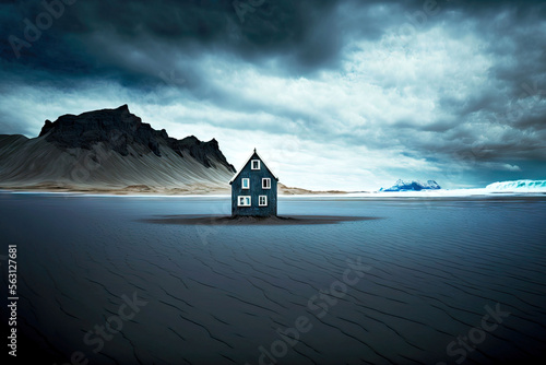фотография lonely house on iceland beach against dark blue sky