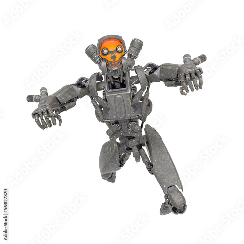 apocalipse cyborg is doing a super hero fly on white background front view