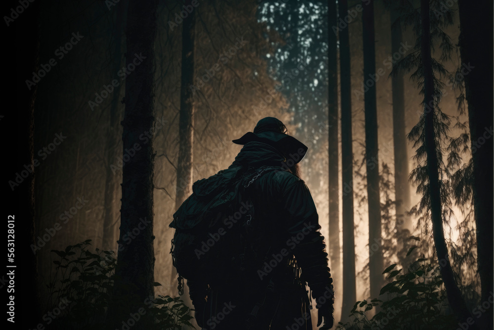 A man in the dark forest , night in a woodland AI Generated background