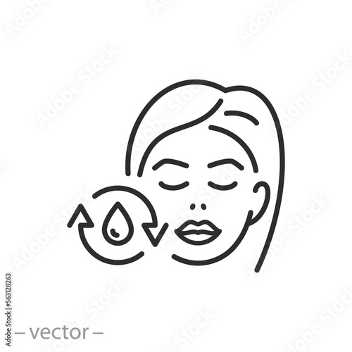 moisturizing face icon, skincare cosmetics, hydration skin, thin line symbol - editable stroke vector illustration