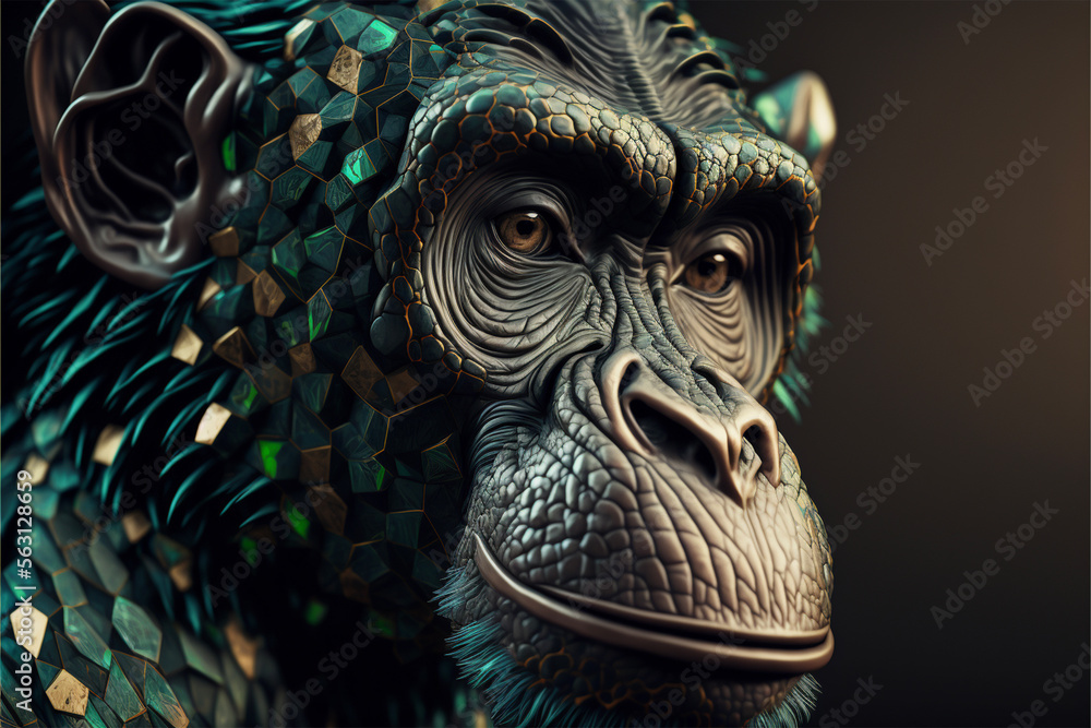 Chimpanzee portrait with diamond green details.Close up view.Created with generative ai