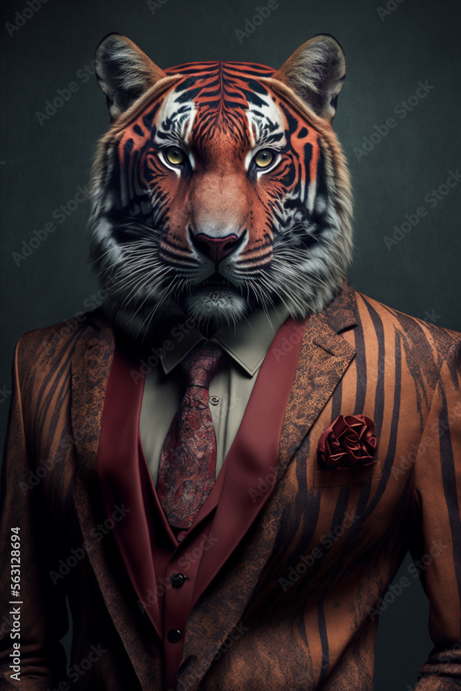 a portrait of a tiger, elegant abstract suit outfit