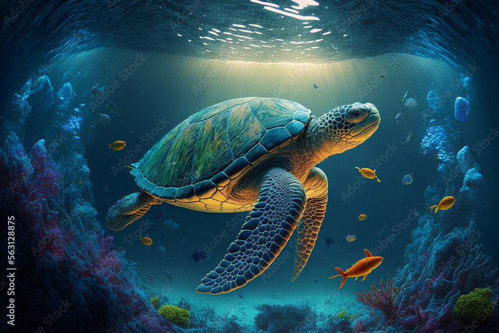 Obraz premium Underwater turtle swimming in sea. detailed image with Generative AI technology