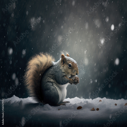 squirrel eating an acorn in the snow in winter. generative ai