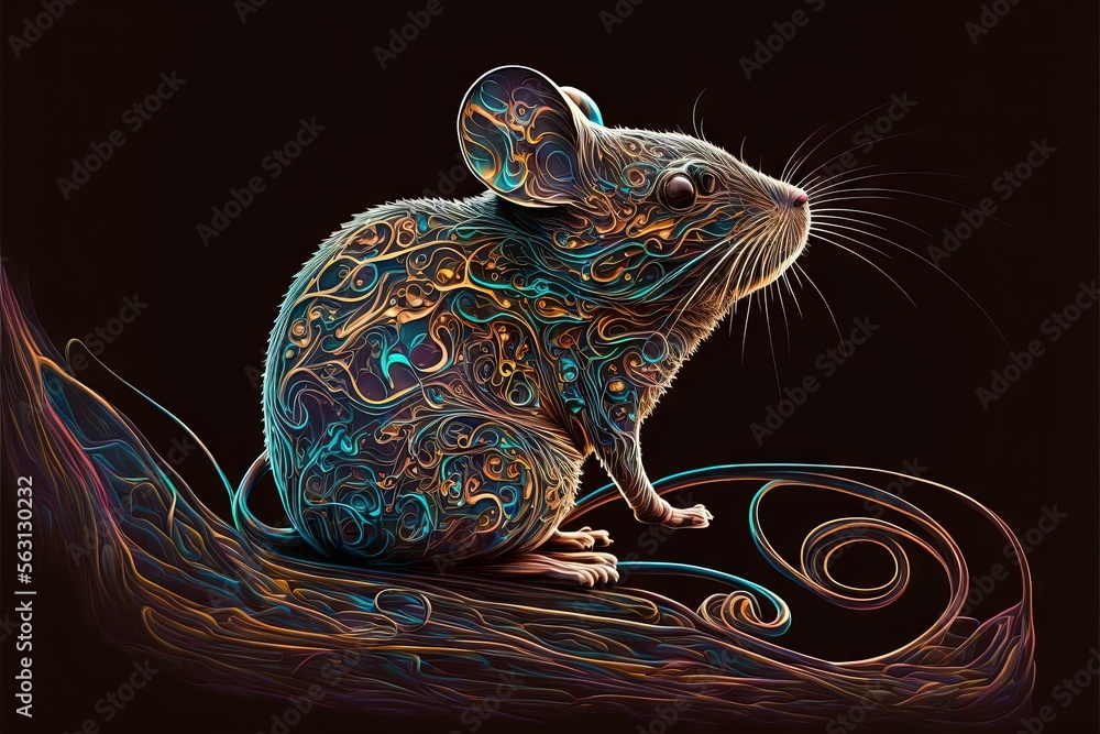 a mouse sitting on top of a piece of art with a black background and a ...