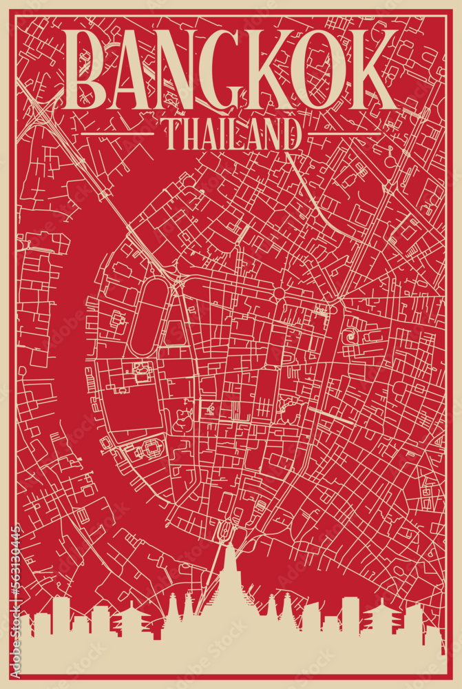 Red hand-drawn framed poster of the downtown BANGKOK, THAILAND with highlighted vintage city skyline and lettering Red hand-drawn framed poster of the downtown BANGKOK, THAILAND with highlighted vintage city skyline and lettering