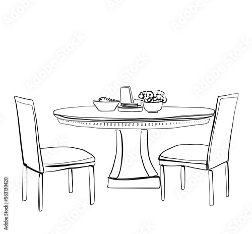 Cafe table with chairs. Hand drawn sketch converted to vector. Interior, furniture