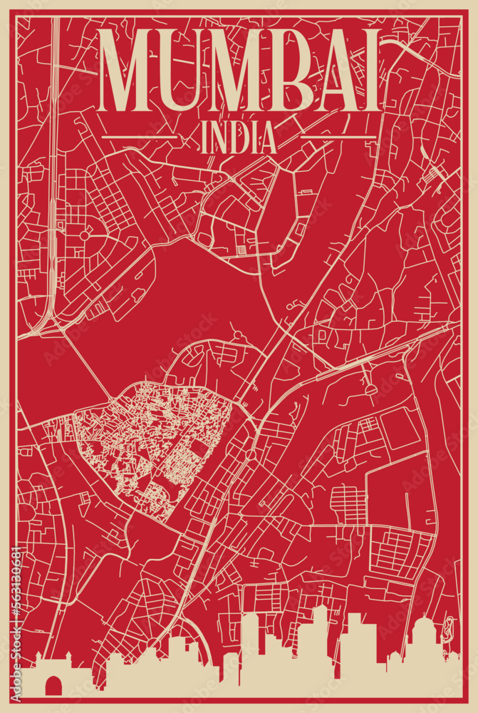 Obraz premium Red hand-drawn framed poster of the downtown MUMBAI, INDIA with highlighted vintage city skyline and lettering