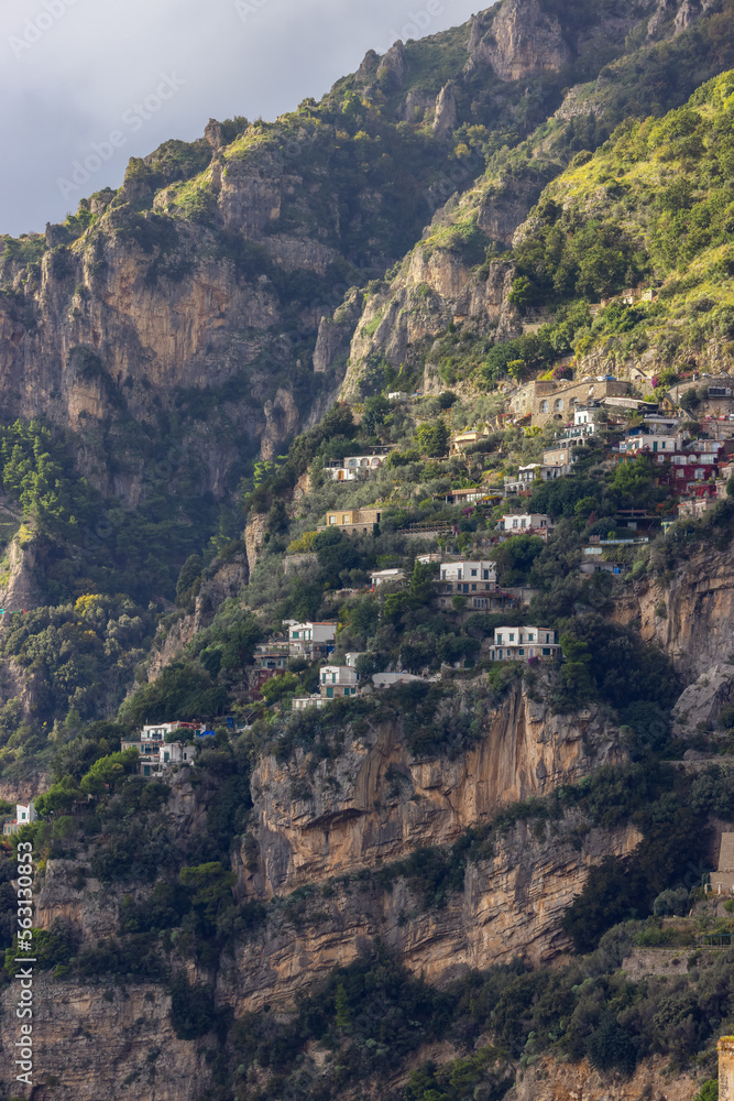 Touristic Town, Positano, on Rocky Cliffs and Mountain Landscape by the Tyrrhenian Sea. Amalfi Coast, Italy.