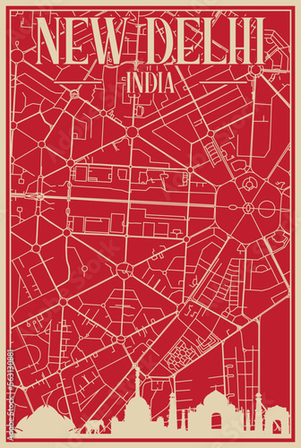 Red hand-drawn framed poster of the downtown NEW DELHI, INDIA with highlighted vintage city skyline and lettering