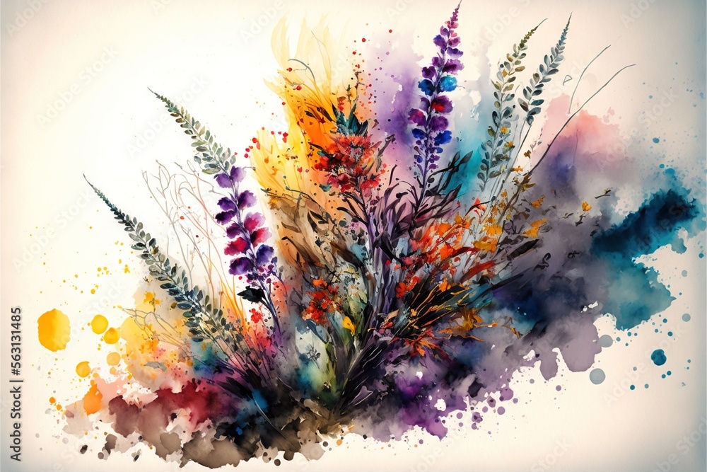a painting of a bunch of flowers on a white background with watercolor splashes on it and a blue frame around the edges of the picture is a white background with a blue border. Generative AI a painting of a bunch of flowers on a white background with watercolor splashes on it and a blue frame around the edges of the picture is a white background with a blue border. Generative AI