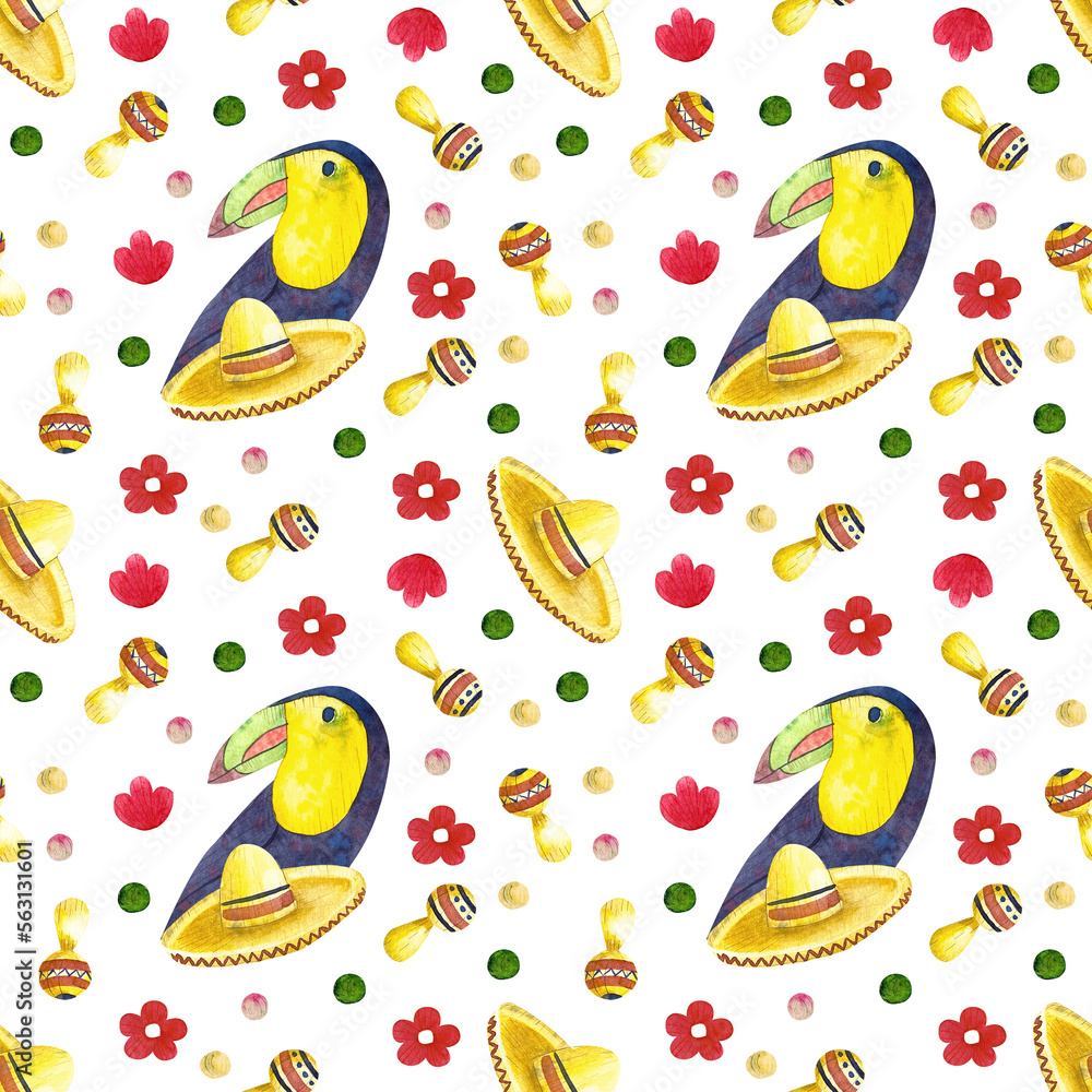 Cute Watercolor Seamless pattern toucan with red flowers and sombrero on the white background. Texture for wrapping paper, fabrics, decor. Cute Watercolor Seamless pattern toucan with red flowers and sombrero on the white background. Texture for wrapping paper, fabrics, decor.
