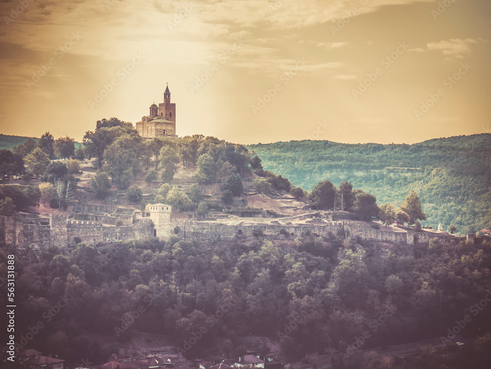 Veliko Tarnovo, Bulgaria - August 2022: View with the Eastern Orthodox Ascension Cathedral located in the famous medieval fortress Tsarevets