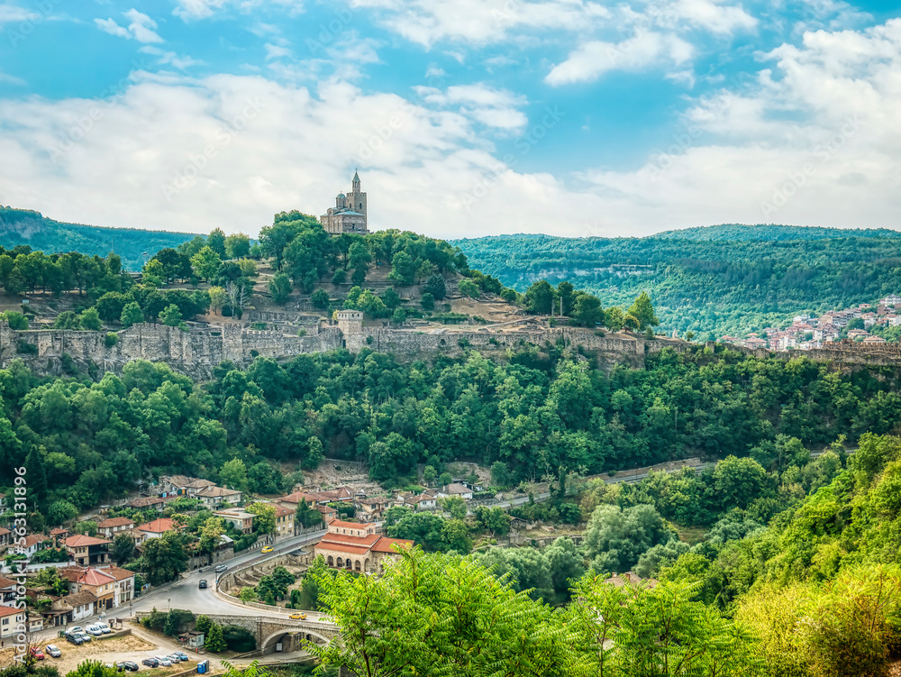 Veliko Tarnovo, Bulgaria - August 2022: View with the Eastern Orthodox Ascension Cathedral located in the famous medieval fortress Tsarevets