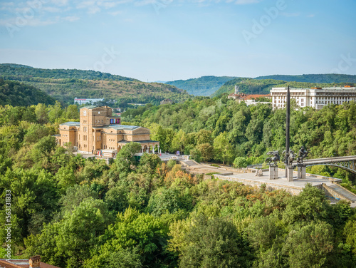 View from above with Boris Denev State Art Gallery and Monument to the Assen Dynasty two main tourist attraction in Veliko Tarnovo, Bulgaria