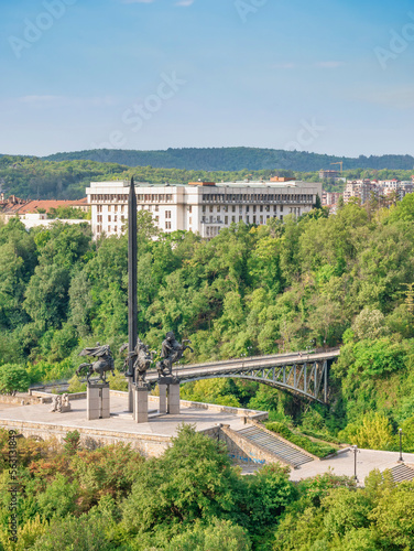 View from above with Monument to the Assen Dynasty one pf the main tourist attraction in Veliko Tarnovo, Bulgaria