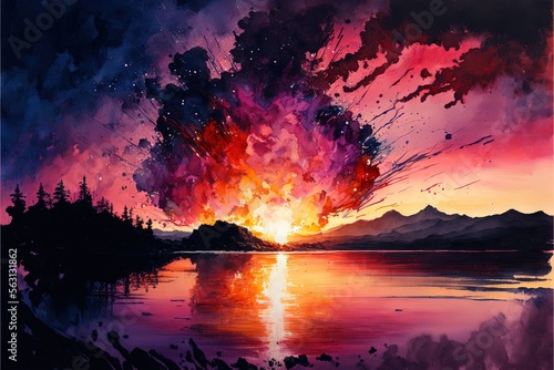  a painting of a sunset with a lake and mountains in the background and a red sky with a few clouds and stars above it, and a reflection of water and a mountain in the foreground. Generative AI