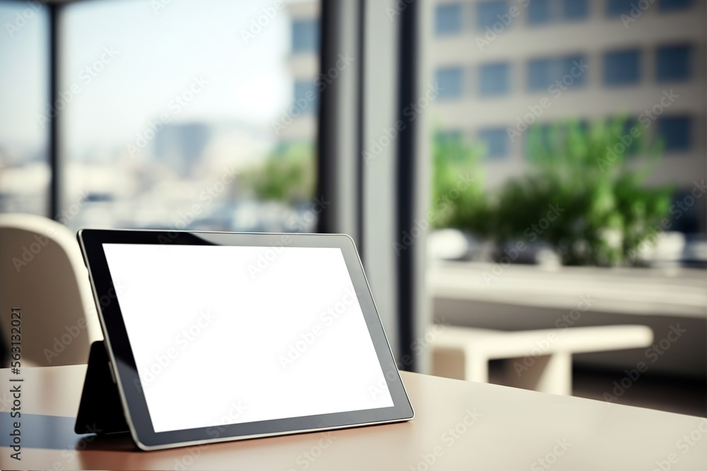 Tablet computer with blank screen on blurred office background. Copy space. Generative AI Tablet computer with blank screen on blurred office background. Copy space. Generative AI