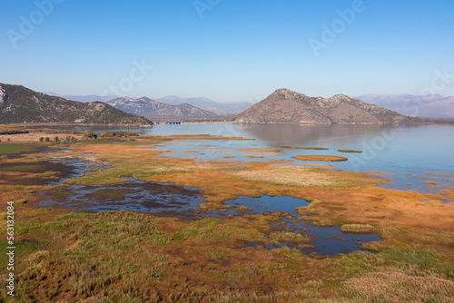 Panoramic view of Lake Skadar National Park in autumn seen from Virpazar, Bar, Montenegro, Balkans, Europe. Travel destination in Dinaric Alps near the Albanian border. Stunning landscape and nature