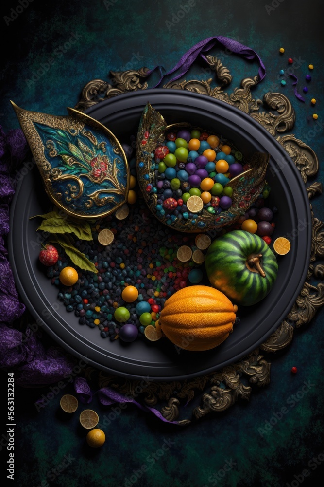 Mardi gras, carnival mask, food and traditional decor in round tray. Generative AI, AI generated illustration. Flat lay, top view from above. Square composition on dark background.