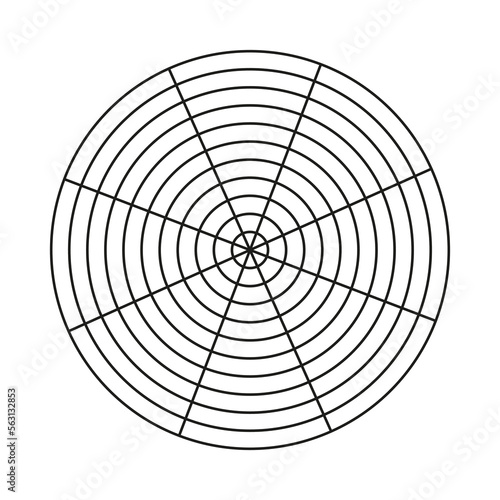 Wheel of life template. Simple coaching tool for visualizing all areas of life. Blank polar graph paper. Circle diagram of life style balance.