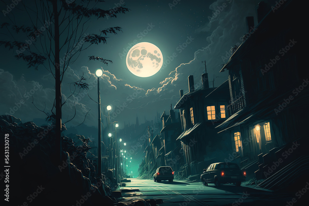 a night scene with a full moon in the sky, art illustration a night scene with a full moon in the sky, art illustration