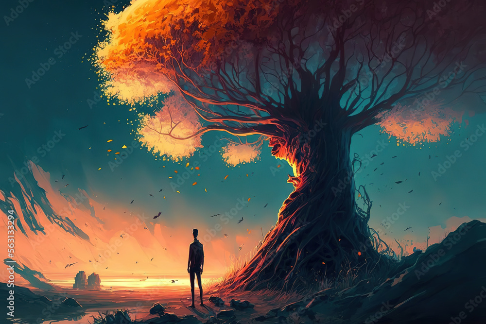 a painting of a man standing in front of a tree, concept art illustration 