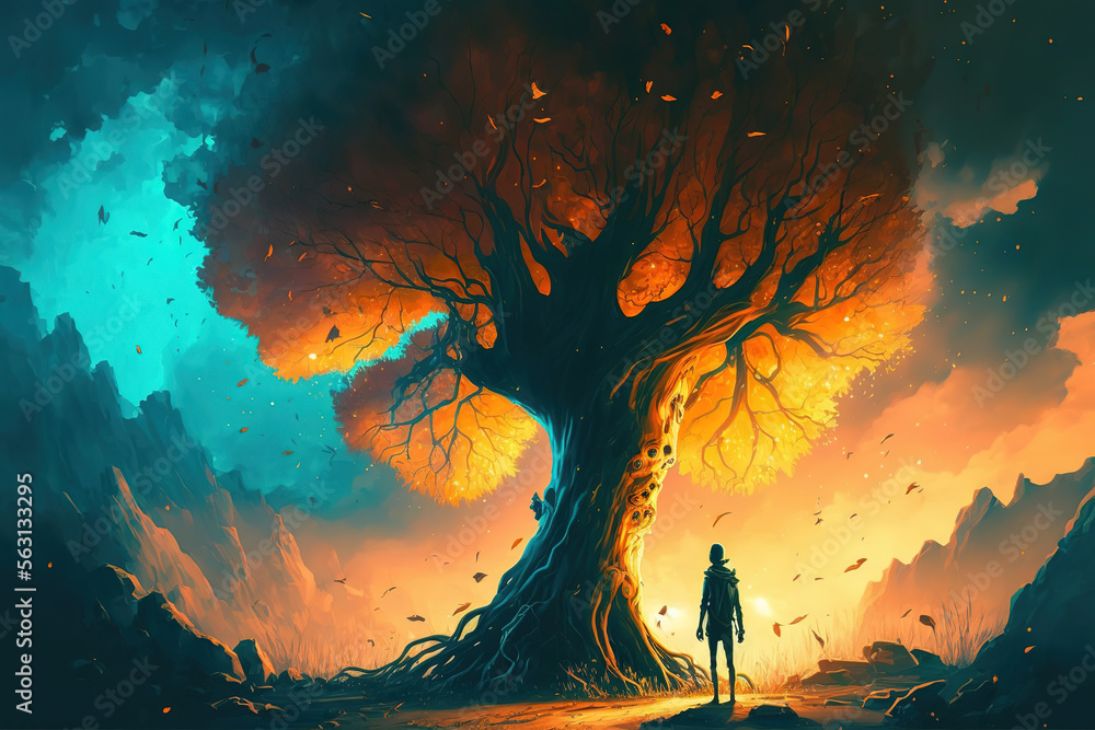 a painting of a man standing in front of a tree, concept art illustration 
