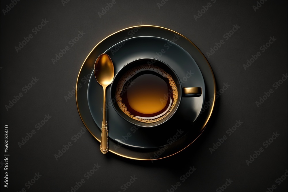 a black plate with a gold rim and a cup of coffee on it with a spoon and a spoon rest on the plate next to it, on a black background with a black surface. Generative AI