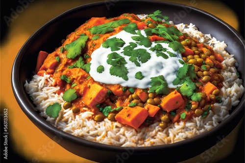  a bowl of rice, beans, and vegetables with sour cream on top of it, with a garnish of cilantro and cilantro on top of the rice, on a yellow background. Generative AI