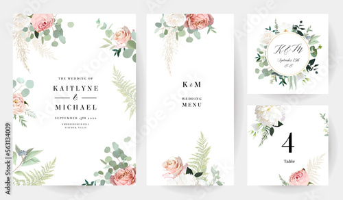Peachy pink rose, white orchid, peony, ranunculus, eucalyptus, greenery, pampas grass, fern vector design frames
