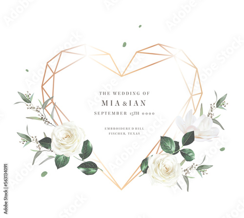 Floral geometric vector frame. Hand painted plants, branches, leaves on a white background