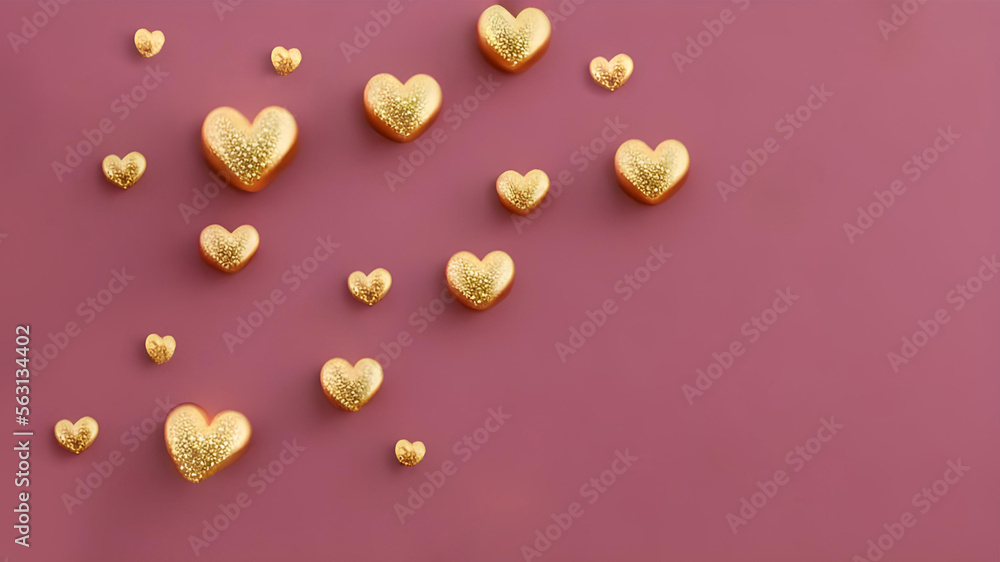 Tiny golden hearts on a dusky pink, Viva Magenta background. Romantic, friendship, sweet, love, Valentine's Day, Mother's Day, Women's Day concept. Flat lay, copy space, generative AI. Tiny golden hearts on a dusky pink, Viva Magenta background. Romantic, friendship, sweet, love, Valentine's Day, Mother's Day, Women's Day concept. Flat lay, copy space, generative AI.