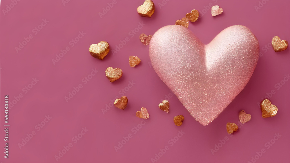 One big sparkly pastel pink heart & tiny golden hearts on a viva magenta background. Valentine's Day, Mother's Day, Woman's Day, friendship, joy & love concepts. Flat lay, copy space, generative AI.