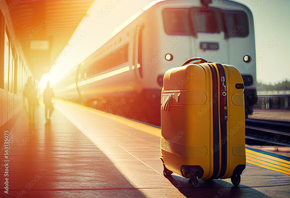 Yellow luggage at a railway station in front of a train made with Generative AI. Travel by train advertisement poster concept