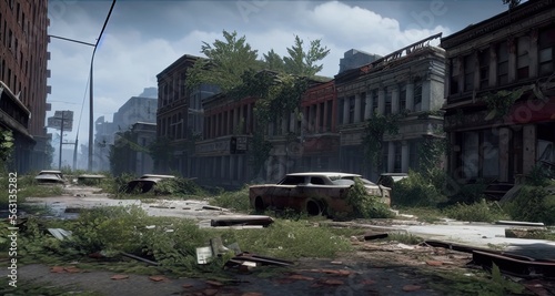 Post-Apocalypse Abandoned City Streets Buildings Created with Generative AI Technology