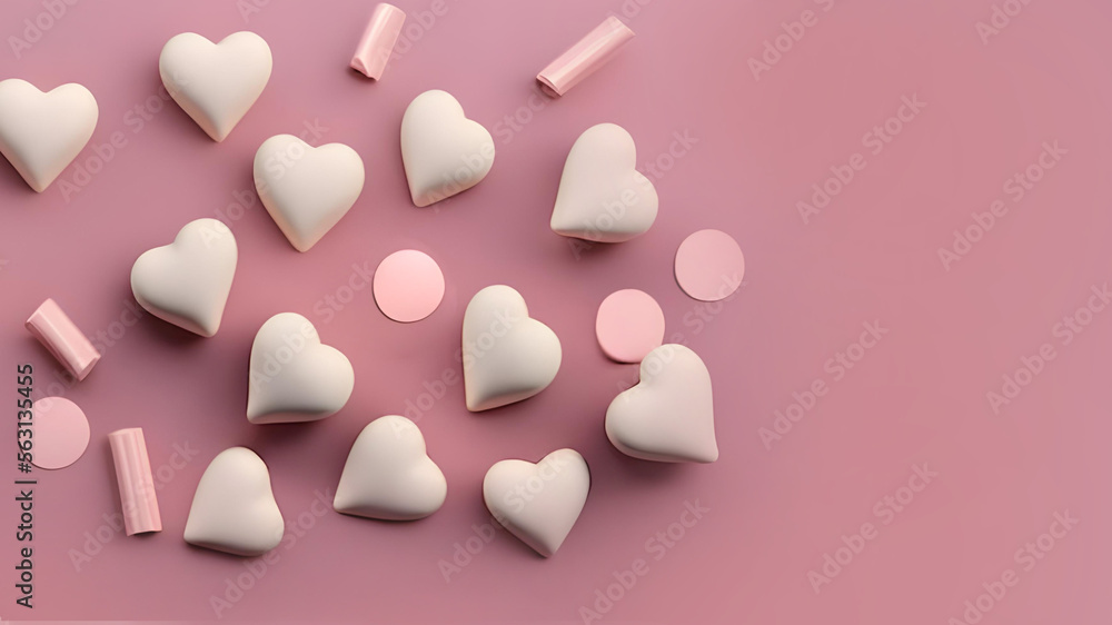 Smooth white chocolate hearts & candy pattern on a pink paper background. Valentine's Day, Mother's Day, friendship, wedding, romance, newborn, love concept. Flat lay with copy space. Generative AI