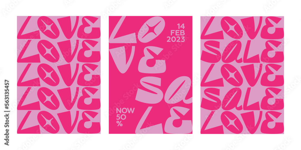 Fototapeta premium Promo campaign for valentine's day. Set of bright pink simple layout A5 posters and flyers for print. Message for improving sale in supermarket, store. Printable template. Love. Banner. 
