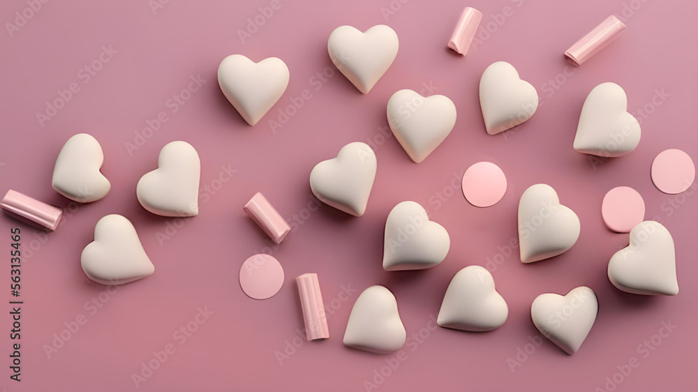 Smooth white chocolate hearts & candy pattern on a pink paper background. Valentine's Day, Mother's Day, friendship, wedding, romance, newborn, love concept. Flat lay with copy space. Generative AI Smooth white chocolate hearts & candy pattern on a pink paper background. Valentine's Day, Mother's Day, friendship, wedding, romance, newborn, love concept. Flat lay with copy space. Generative AI