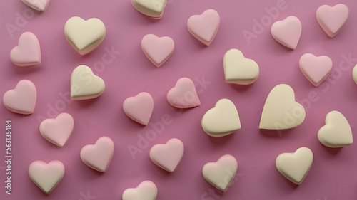 Soft pink & yellow candy hearts on a pink background. Valentine's Day, Mother's Day, friendship, wedding, romance, newborn, love concept. Flat lay with copy space. Generative AI. © SONJA ZALAR