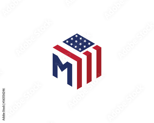 initial Letter M with American Flag in Shape of Hexagon Logo Concept symbol icon sign Element Design. Home, Real Estate, Realtor, Mortgage, House Logotype. Vector illustration template