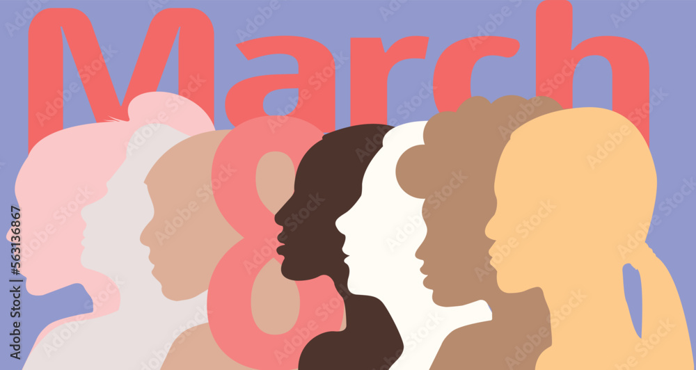 8 March Women's Day banner, profile Group of Women different races profile in different shades vector illustration