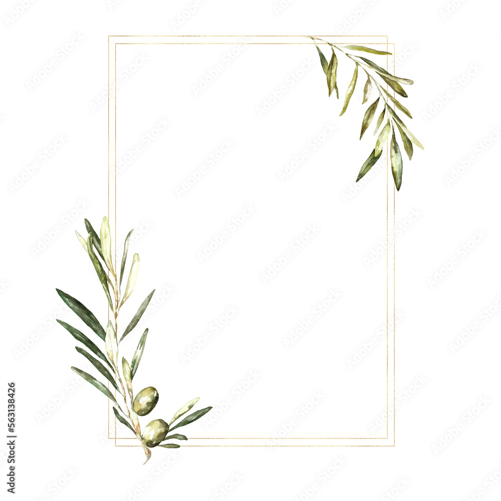 Naklejka premium Watercolor Gold Olive floral frame illustration, Botanical greenery polygonal rectangle flower arrangement background for wedding stationery, rsvp, save the date, invitation, baby shower, nursery, diy