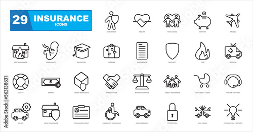 Vector set of insurance icons. Outline icon set, vector, simple thin line icons collection