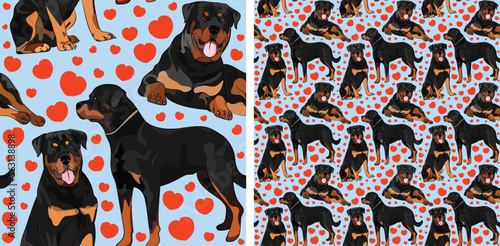 Pattern design with several Rottweiler dogs, funny doodles, and seamless pattern.T-shirt textile, wallpaper, wrapping paper, background graphic design with hearts on a blue background. Valentine's Day