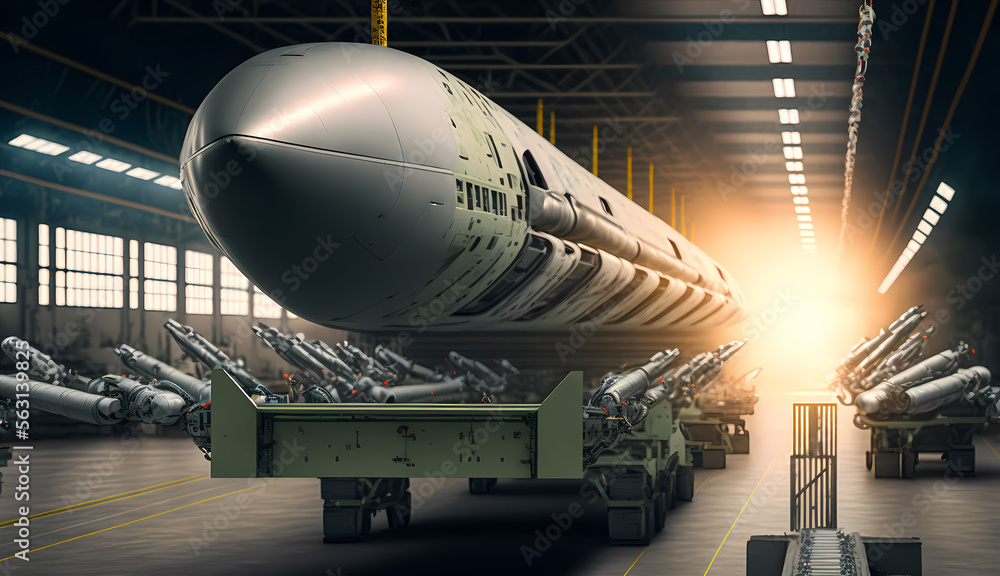 Nuclear warheads in hangar, ready to mission. Industry weapon army factory for tomic ballistic missile bomb. Generation AI Nuclear warheads in hangar, ready to mission. Industry weapon army factory for tomic ballistic missile bomb. Generation AI